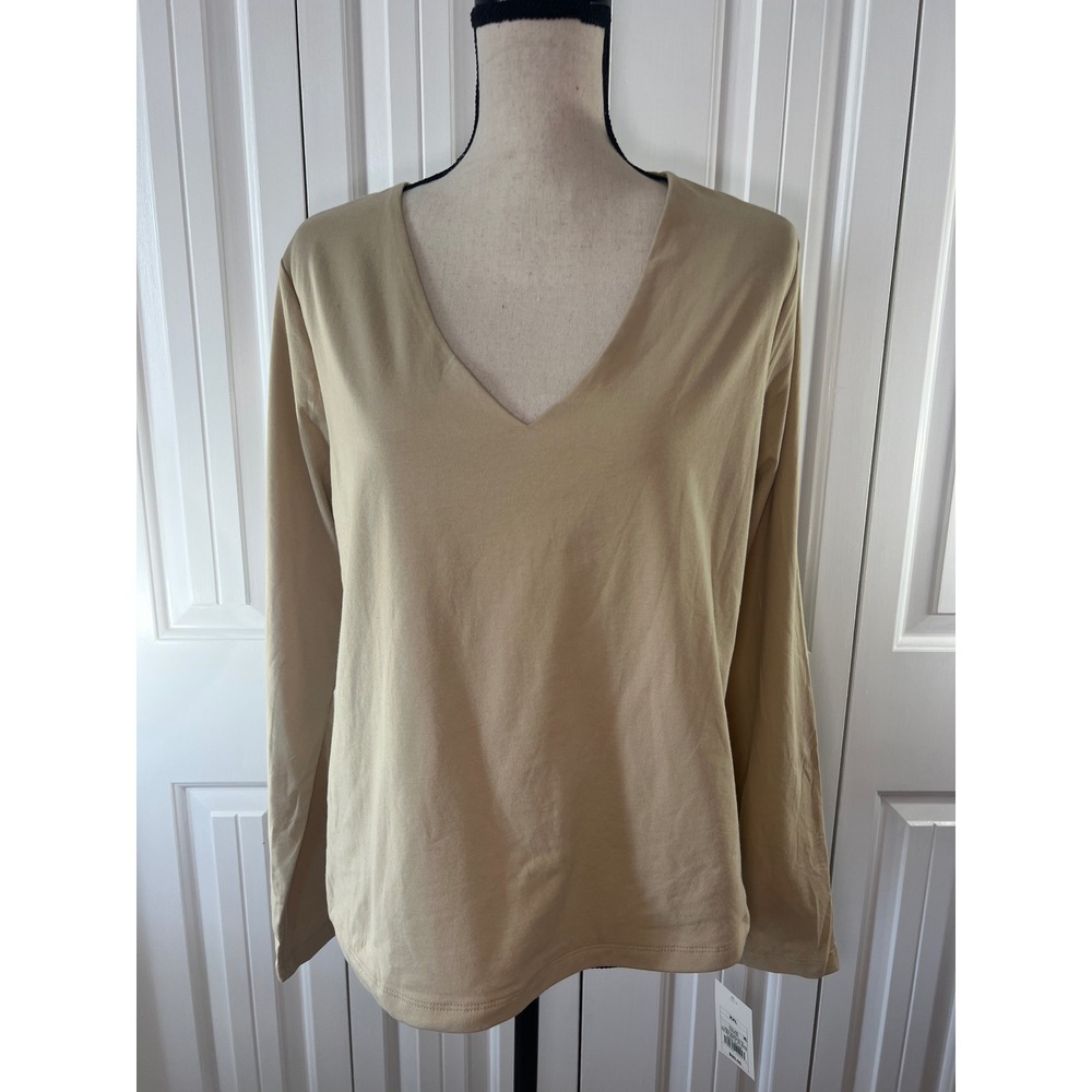 A New Day Women XXL Tan Beige V-Neck Long Sleeve T-Shirt Cotton Blend NWT